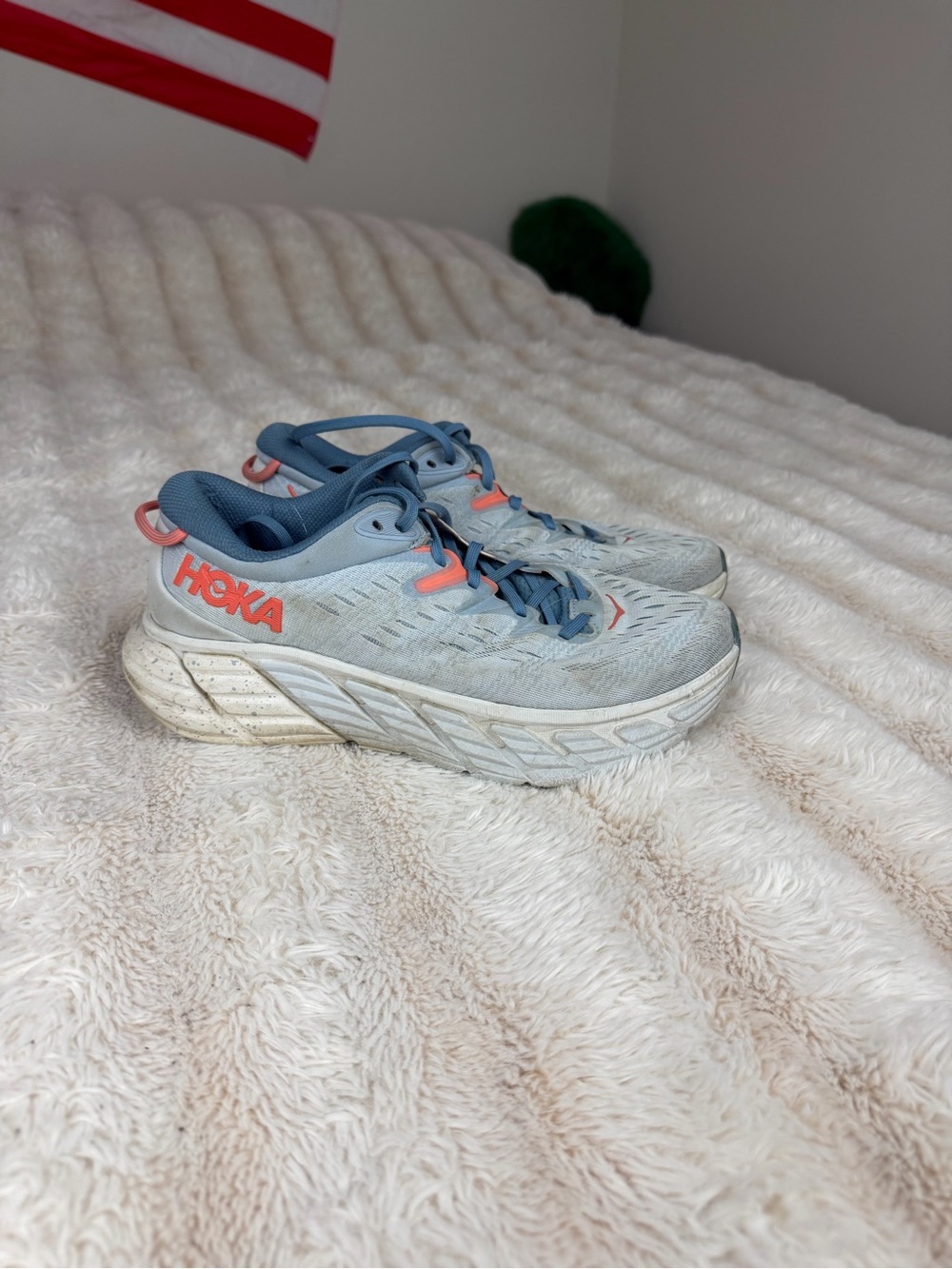 Hoka One One Kids Light Blue Sneakers with Coral Accents